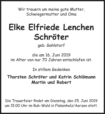 Traueranzeige von Elke Elfriede Lenchen Schröter von Deister- und Weserzeitung