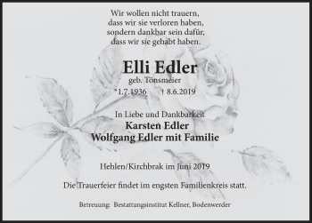 Traueranzeige von Elli Edler von Deister- und Weserzeitung
