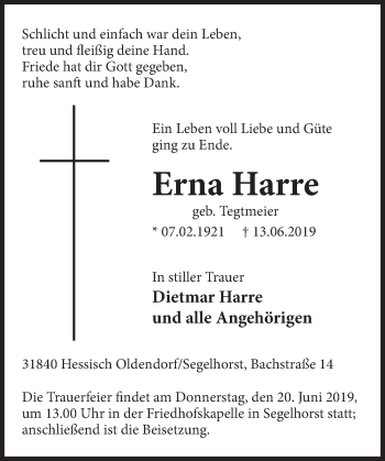Traueranzeige von Erna Harre von Deister- und Weserzeitung