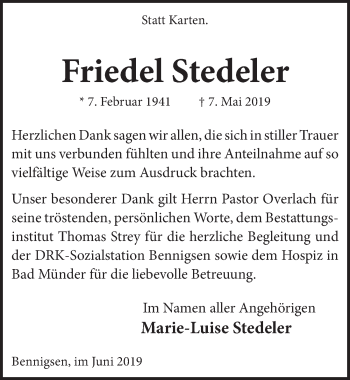 Traueranzeige von Friedel Stedeler von Neue Deister-Zeitung