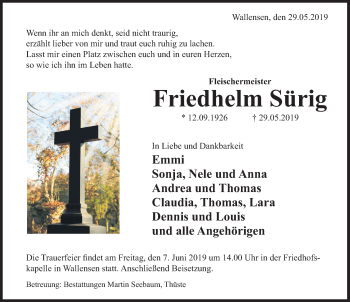 Traueranzeige von Friedhelm Sürig von Deister- und Weserzeitung