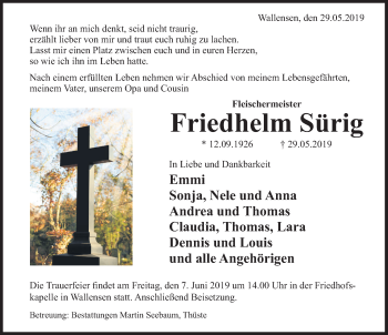 Traueranzeige von Friedhelm Sürig von Deister- und Weserzeitung