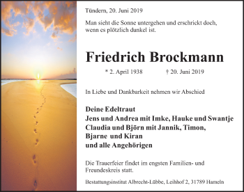 Traueranzeige von Friedrich Brockmann von Deister- und Weserzeitung
