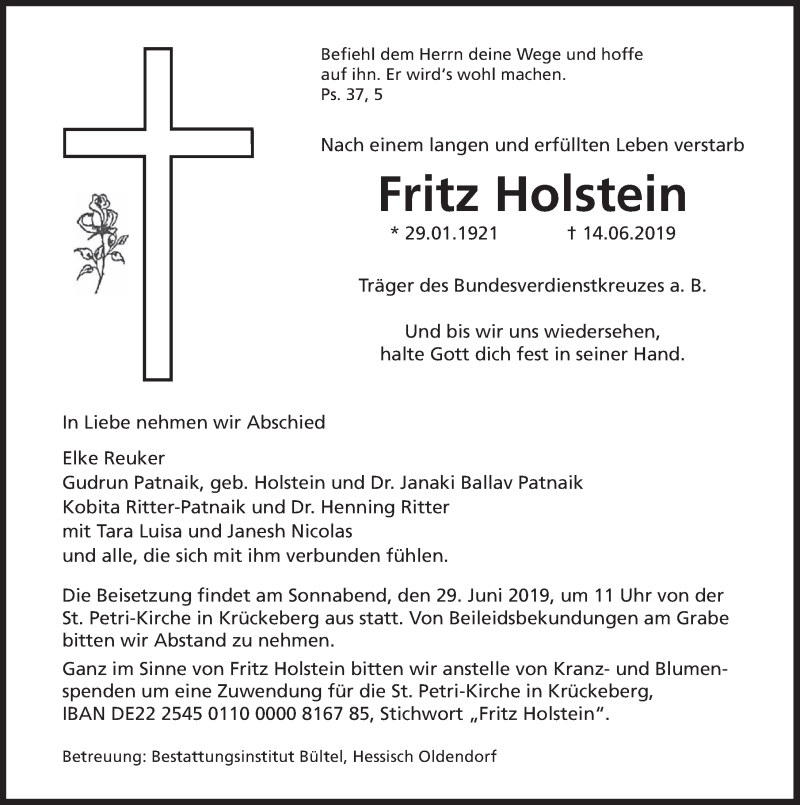  Traueranzeige für Fritz Holstein vom 22.06.2019 aus Deister- und Weserzeitung