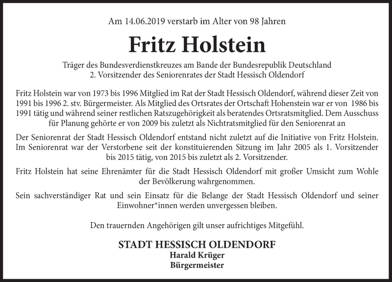  Traueranzeige für Fritz Holstein vom 24.06.2019 aus Deister- und Weserzeitung