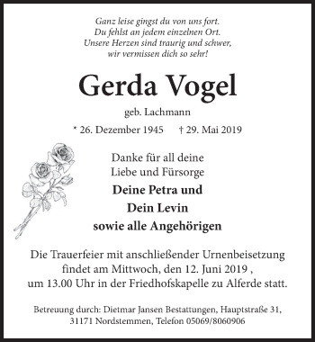 Traueranzeige von Gerda Vogel von Neue Deister-Zeitung