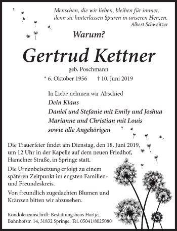Traueranzeige von Gertrud Kettner von Neue Deister-Zeitung