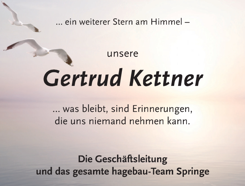  Traueranzeige für Gertrud Kettner vom 22.06.2019 aus Neue Deister-Zeitung