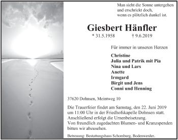 Traueranzeige von Giesbert Hänfler von Deister- und Weserzeitung