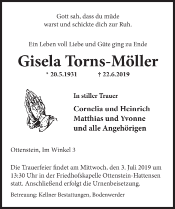 Traueranzeige von Gisela Torns-Möller von Deister- und Weserzeitung
