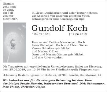 Traueranzeige von Gundolf Koch von Deister- und Weserzeitung