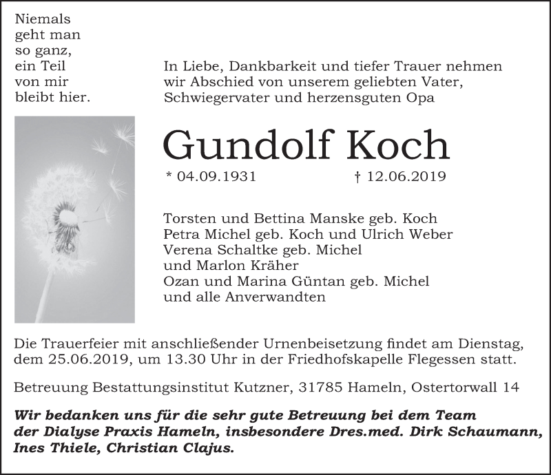  Traueranzeige für Gundolf Koch vom 22.06.2019 aus Deister- und Weserzeitung