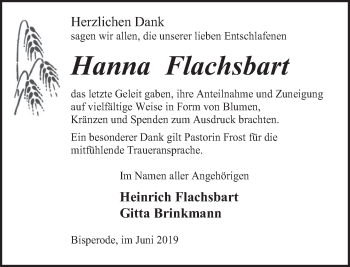 Traueranzeige von Hanna Flachsbart von Deister- und Weserzeitung