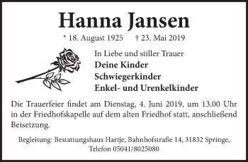 Traueranzeige von Hanna Jansen von Neue Deister-Zeitung