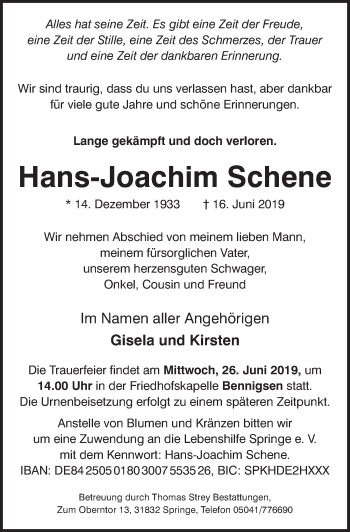 Traueranzeige von Hans-Joachim Schene von Neue Deister-Zeitung