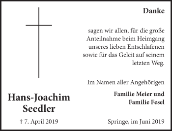 Traueranzeige von Hans-Joachim Seedler von Neue Deister-Zeitung