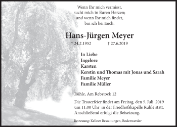 Traueranzeige von Hans-Jürgen Meyer von Deister- und Weserzeitung