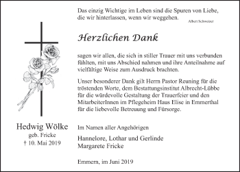 Traueranzeige von Hedwig Wölke von Deister- und Weserzeitung