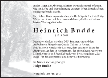 Traueranzeige von Heinrich Budde von Deister- und Weserzeitung