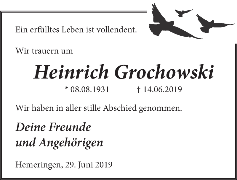  Traueranzeige für Heinrich Grochowski vom 29.06.2019 aus Deister- und Weserzeitung
