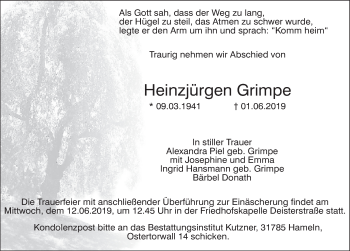 Traueranzeige von Heinzjürgen Grimpe von Deister- und Weserzeitung