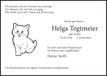 Traueranzeige von Helga Tegtmeier von Deister- und Weserzeitung
