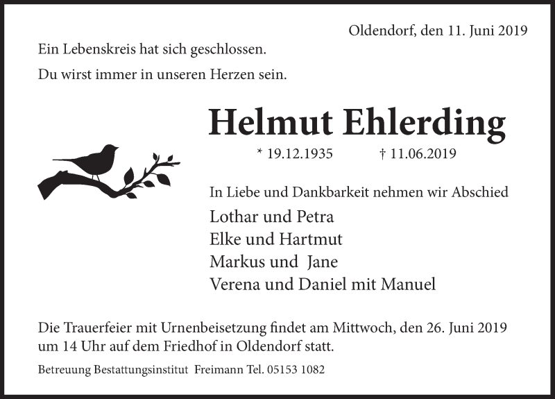  Traueranzeige für Helmut Ehlerding vom 22.06.2019 aus Deister- und Weserzeitung