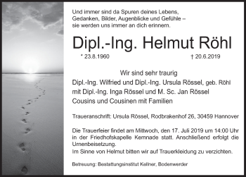 Traueranzeige von Helmut Röhl von Deister- und Weserzeitung