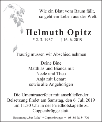 Traueranzeige von Helmuth Opitz von Deister- und Weserzeitung