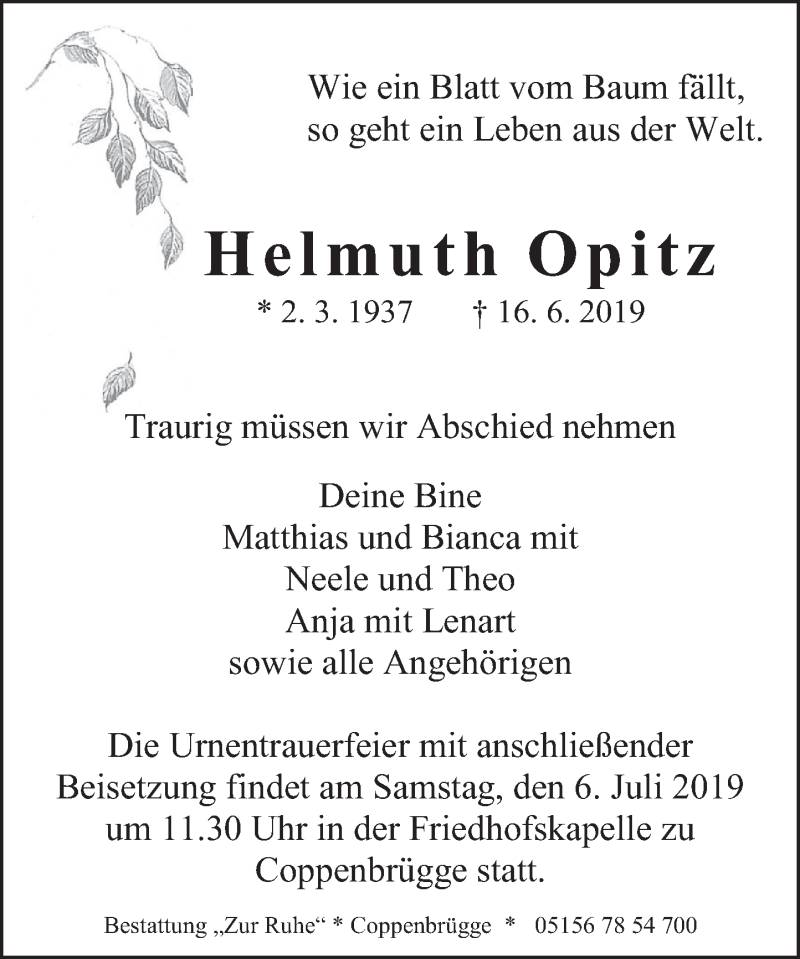 Traueranzeige für Helmuth Opitz vom 29.06.2019 aus Deister- und Weserzeitung