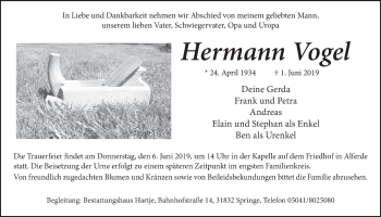 Traueranzeige von Hermann Vogel von Neue Deister-Zeitung