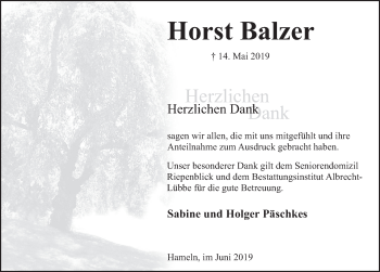 Traueranzeige von Horst Balzer von Deister- und Weserzeitung