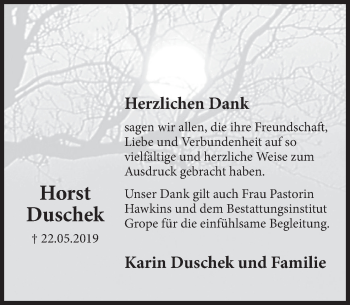 Traueranzeige von Horst Duschek von Deister- und Weserzeitung