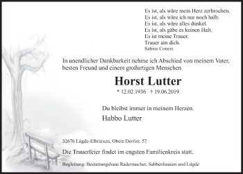 Traueranzeige von Horst Lutter von Deister- und Weserzeitung