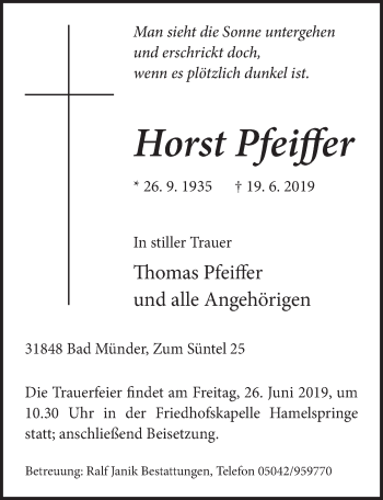 Traueranzeige von Horst Pfeiffer von Neue Deister-Zeitung
