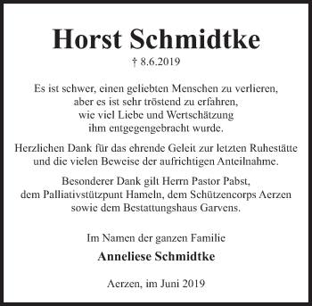Traueranzeige von Horst Schmidtke von Deister- und Weserzeitung