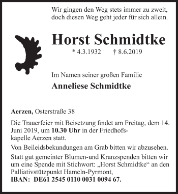 Traueranzeige von Horst Schmidtke von Deister- und Weserzeitung