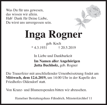 Traueranzeige von Inga Rogner von Deister- und Weserzeitung