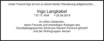 Traueranzeige von Ingo Langkabel von Deister- und Weserzeitung