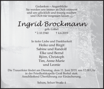 Traueranzeige von Ingrid Brockmann von Deister- und Weserzeitung