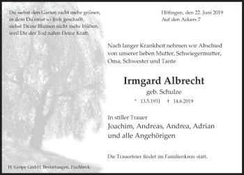 Traueranzeige von Irmgard Albrecht von Deister- und Weserzeitung