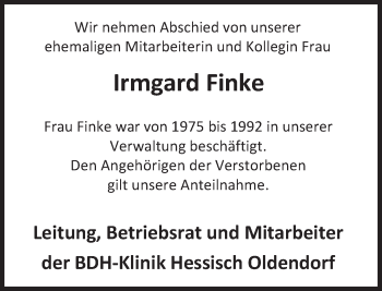 Traueranzeige von Irmgard Finke von Deister- und Weserzeitung