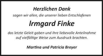 Traueranzeige von Irmgard Finke von Deister- und Weserzeitung