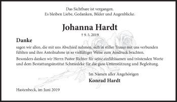 Traueranzeige von Johanna Hardt von Deister- und Weserzeitung