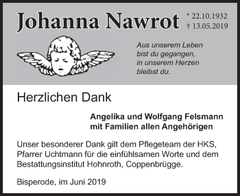 Traueranzeige von Johanna Nawrot von Deister- und Weserzeitung