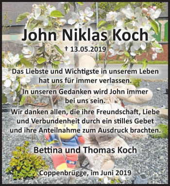 Traueranzeige von John Niklas Koch von Deister- und Weserzeitung