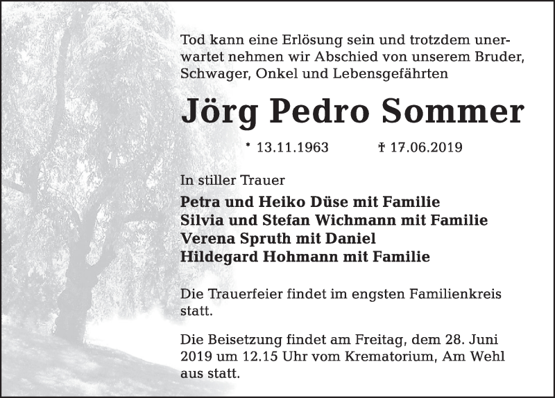  Traueranzeige für Jörg Pedro Sommer vom 22.06.2019 aus Deister- und Weserzeitung
