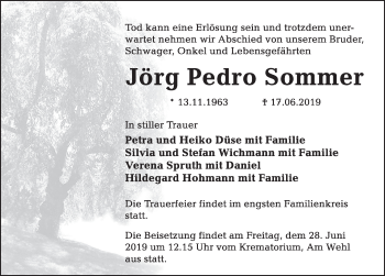 Traueranzeige von Jörg Pedro Sommer von Deister- und Weserzeitung