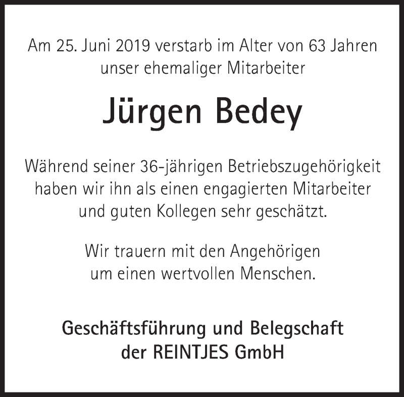  Traueranzeige für Jürgen Bedey vom 29.06.2019 aus Deister- und Weserzeitung