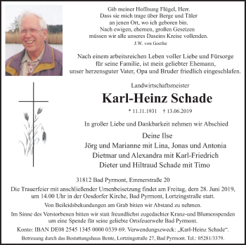 Traueranzeige von Karl-Heinz Schade von Deister- und Weserzeitung